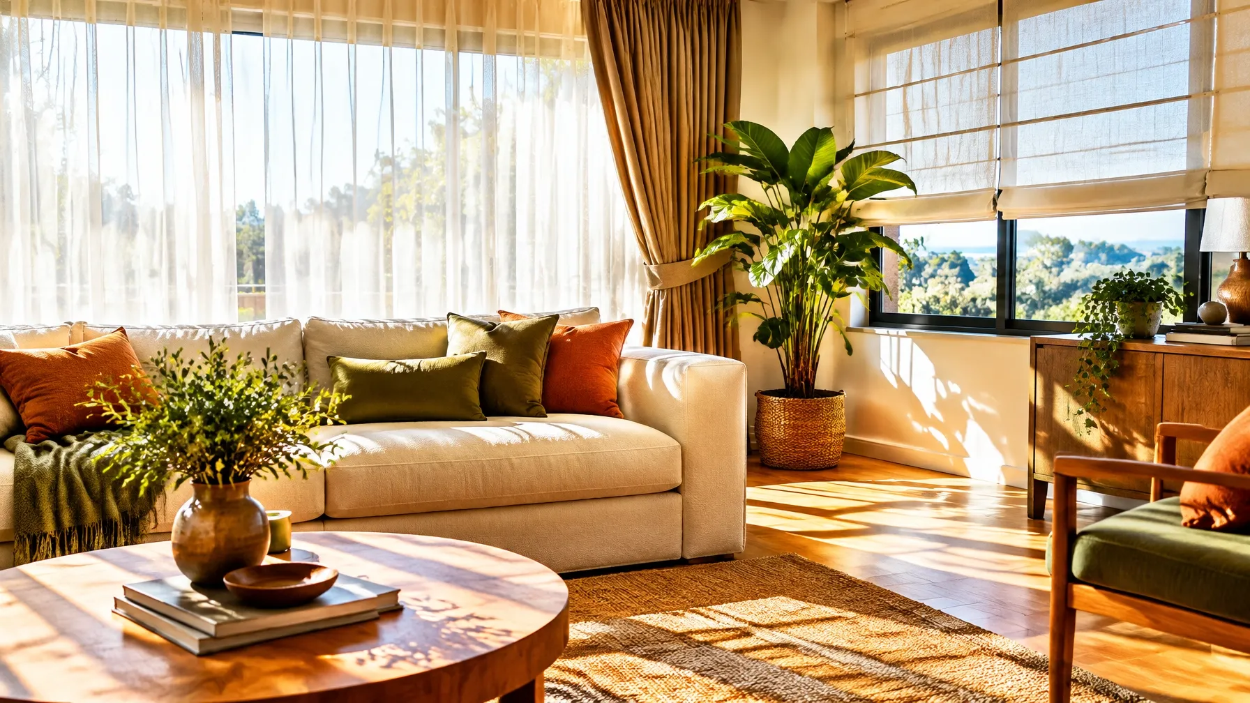 Cortinas sheer y cortina de lino con luz natural en una sala de Morelia